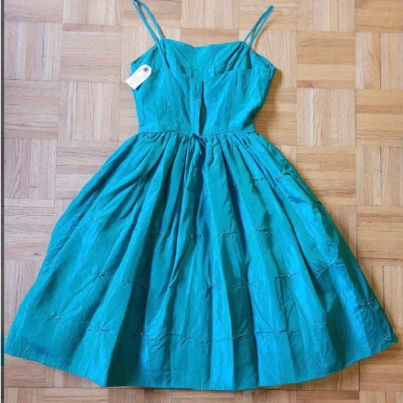 Vintage 1950's Silk taffeta dress blue/green Rhinestone & Crinoline US0P - Picture 6 of 8